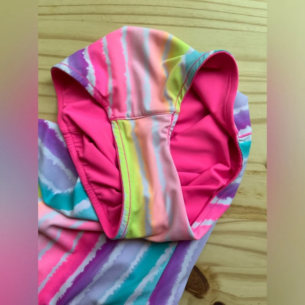 Girls Bright Pink & Rainbow Stripe Reversible Justice Swim Suit Sz 10/12
